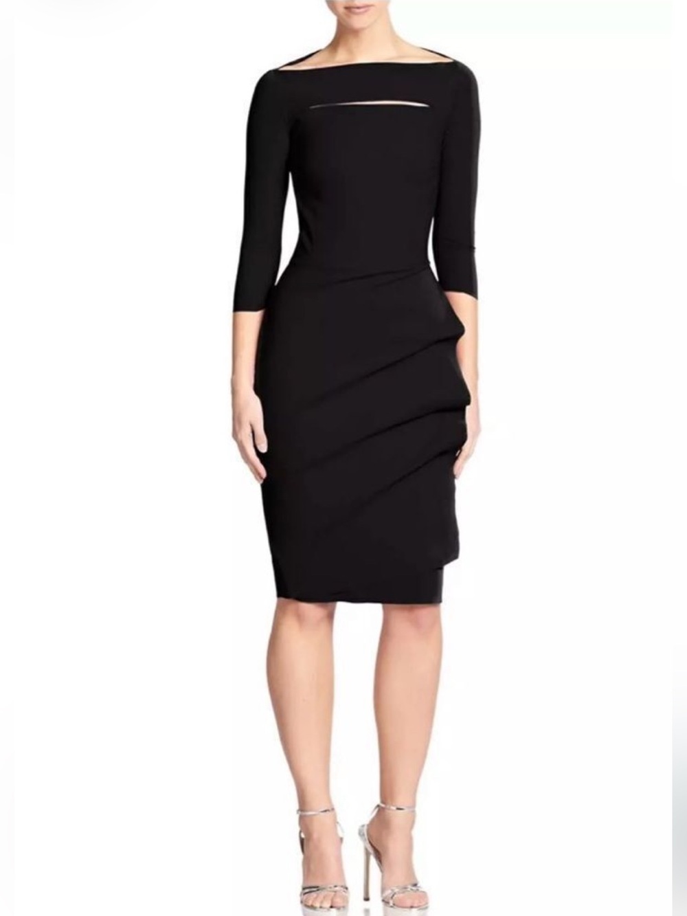 Chiara Boni Black Off-Shoulder Midi Dress with Boatneck Opening Detail